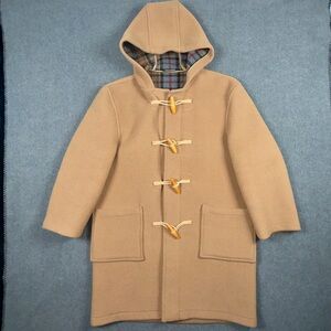 VTG Orvis Hooded Toggle Button Plaid Lined Wool Coat Tan Beige Women’s Sz Med